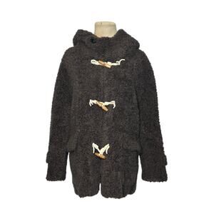 Women’s 100% Wool Toggle Coat Hooded Brown Textured Teddy Duffle Jacket Size S